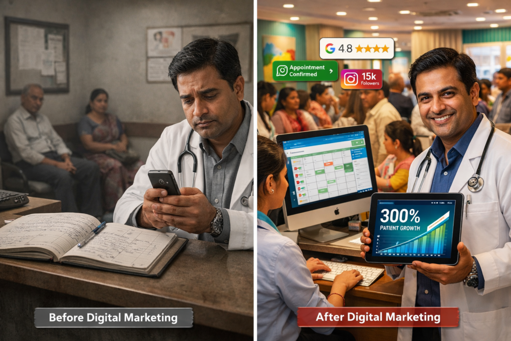 Before and after digital marketing for doctors in India showing 
empty clinic transformed into fully booked medical practice