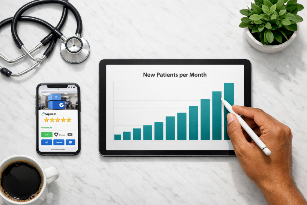 A flat-lay of a smartphone showing Google My Business reviews and a tablet displaying rising patient appointment graphs, illustrating strategies on how to get more patients online in India