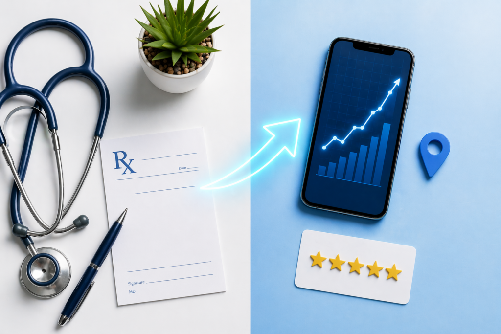 Visual showing the connection between healthcare and online marketing for doctors through digital tools, star ratings, and patient growth graph.