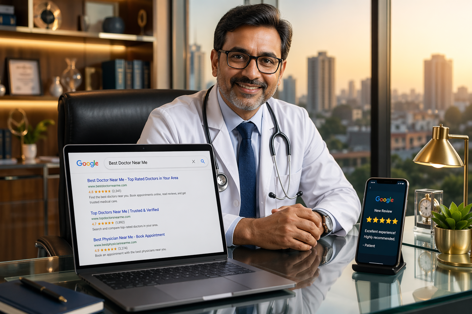 online marketing for doctors in India 2026 - doctor with laptop showing Google search results
