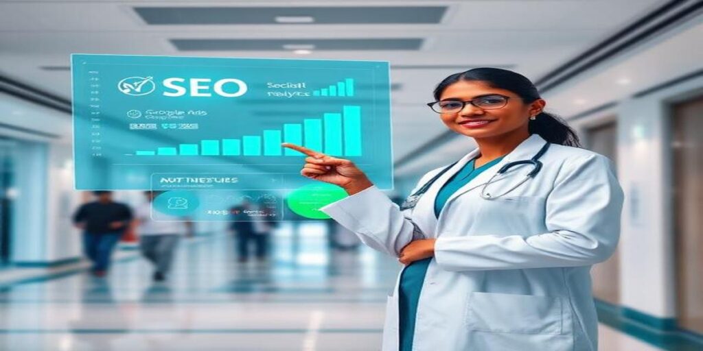 Digital marketing for doctors showing a female doctor analyzing SEO and Google Ads analytics hologram in a modern Indian hospital lobby.