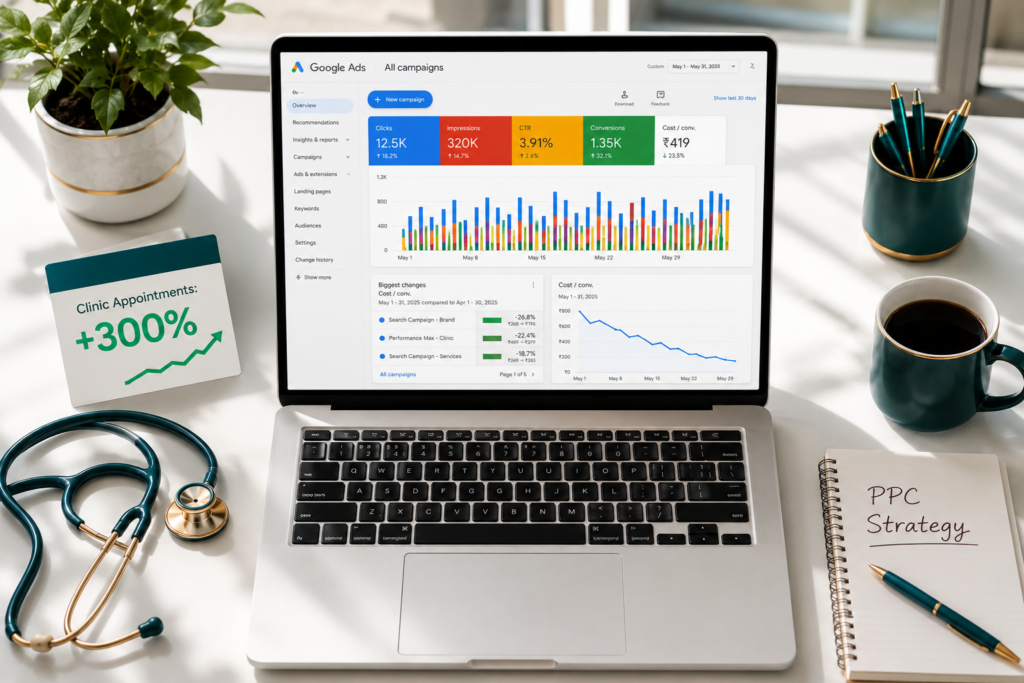 healthcare ppc agency India showing Google Ads campaign results for clinic appointment growth