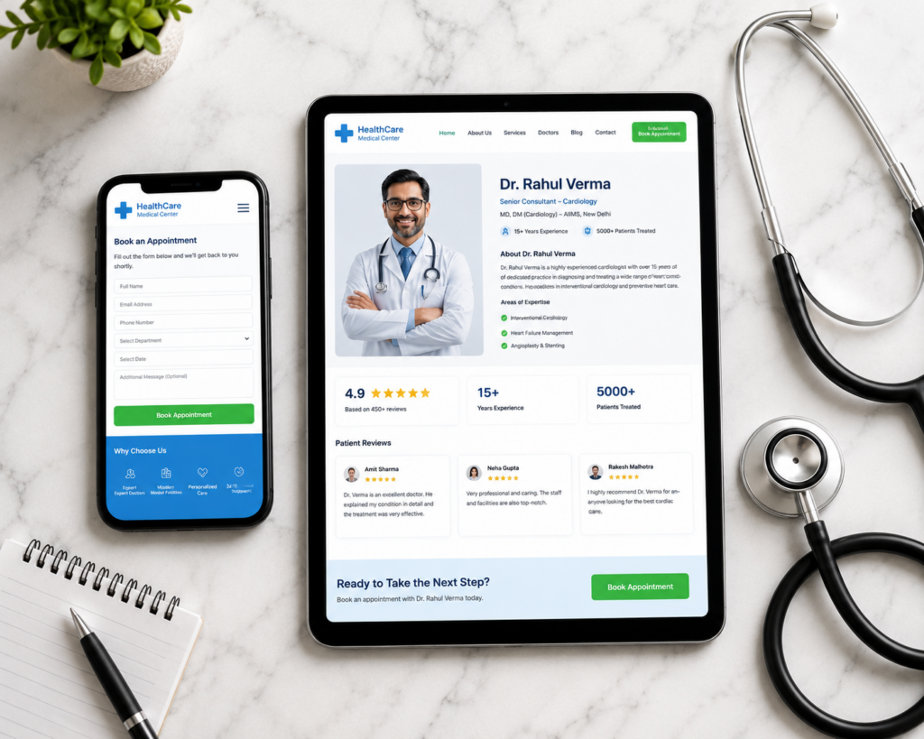 healthcare website design displayed on mobile and tablet showing appointment booking and patient reviews